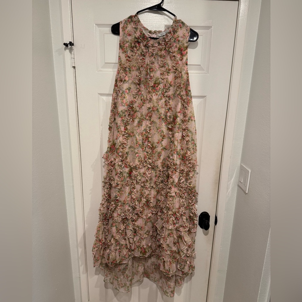 Mac Duggal Sleeveless Floral Print Chiffon Micro Ruffle Gown - Size 10
